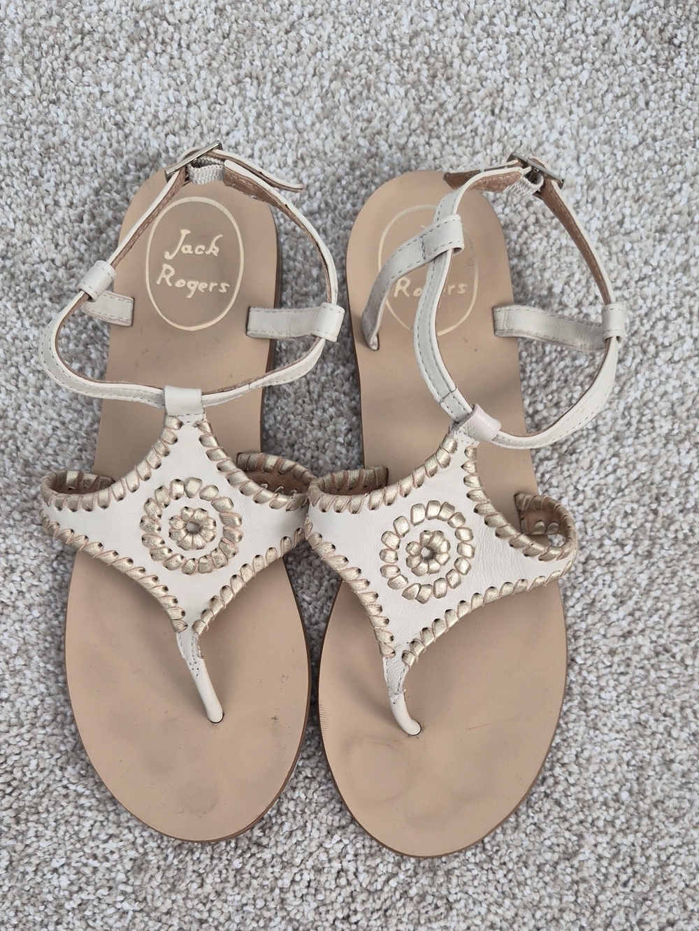 Jack Rogers Cream Leather Beaded Thong Sandals Sz 6.5